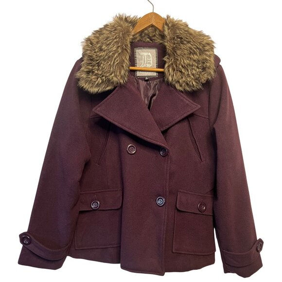 Dollhouse Women's Burgundy Peacoat Jacket Faux Fur Collar XL Double Breasted - Picture 1 of 16